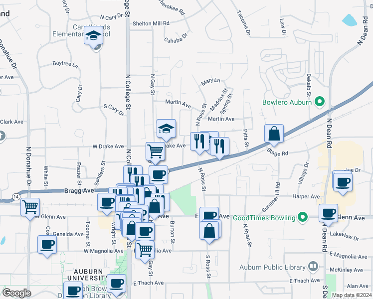 map of restaurants, bars, coffee shops, grocery stores, and more near 243 East Drake Avenue in Auburn