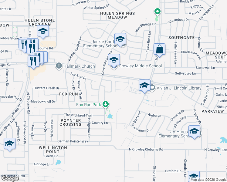 map of restaurants, bars, coffee shops, grocery stores, and more near 8732 Hunters Point Way in Fort Worth