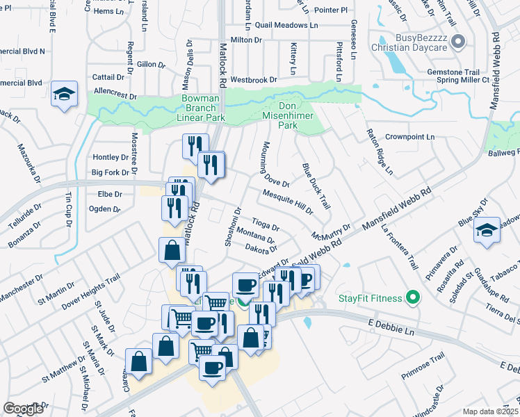 map of restaurants, bars, coffee shops, grocery stores, and more near 310 Mesquite Hill Drive in Arlington