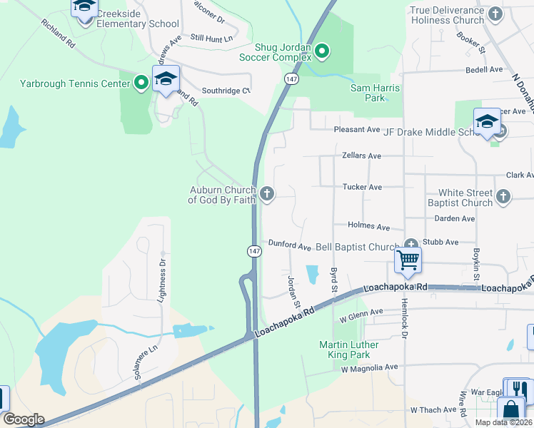 map of restaurants, bars, coffee shops, grocery stores, and more near 598 Richland Road in Auburn
