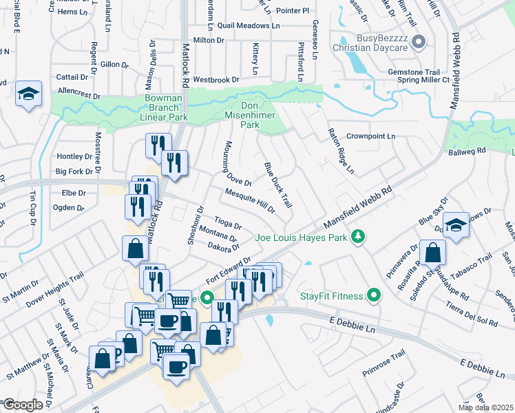 map of restaurants, bars, coffee shops, grocery stores, and more near 336 Mesquite Hill Drive in Arlington