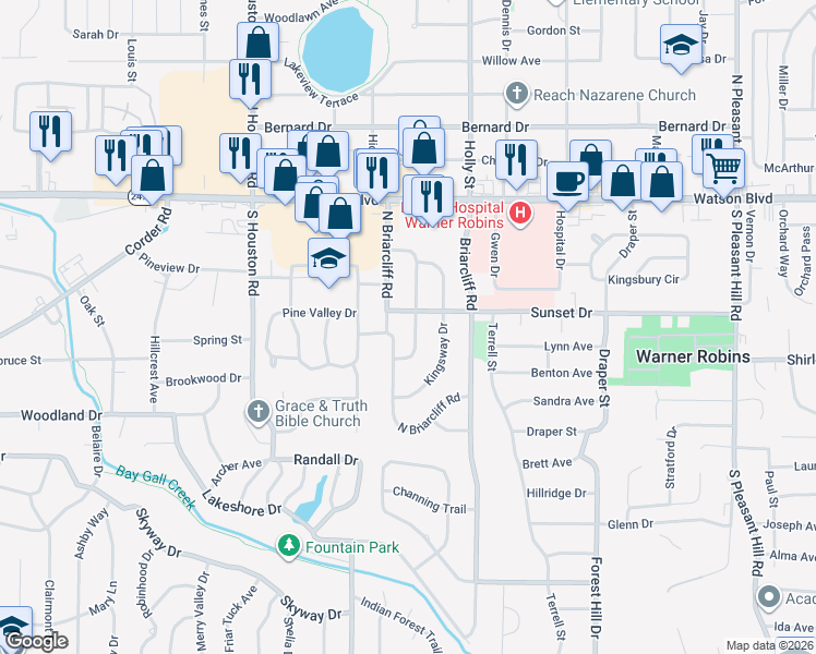 map of restaurants, bars, coffee shops, grocery stores, and more near 119 Springdale Road in Warner Robins