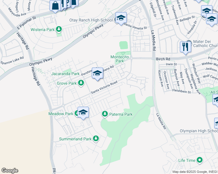 map of restaurants, bars, coffee shops, grocery stores, and more near 1405 Santa Victoria Road in Chula Vista