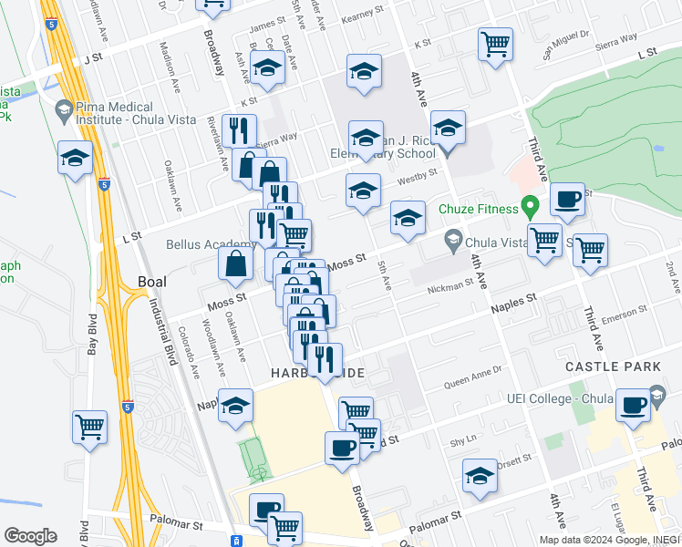 map of restaurants, bars, coffee shops, grocery stores, and more near 556 Moss Street in Chula Vista