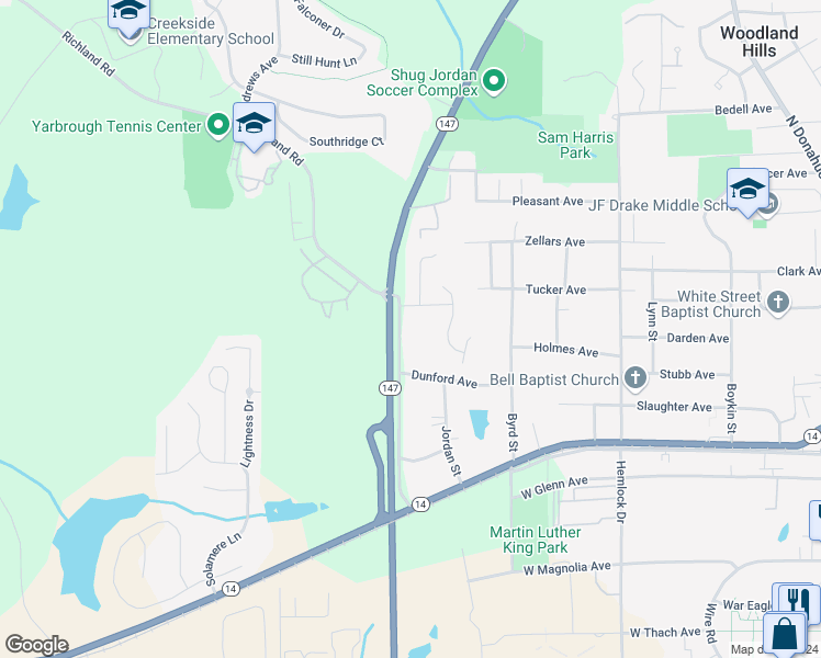 map of restaurants, bars, coffee shops, grocery stores, and more near 598 Richland Road in Auburn