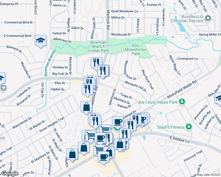 map of restaurants, bars, coffee shops, grocery stores, and more near 8020 Shoshoni Drive in Arlington