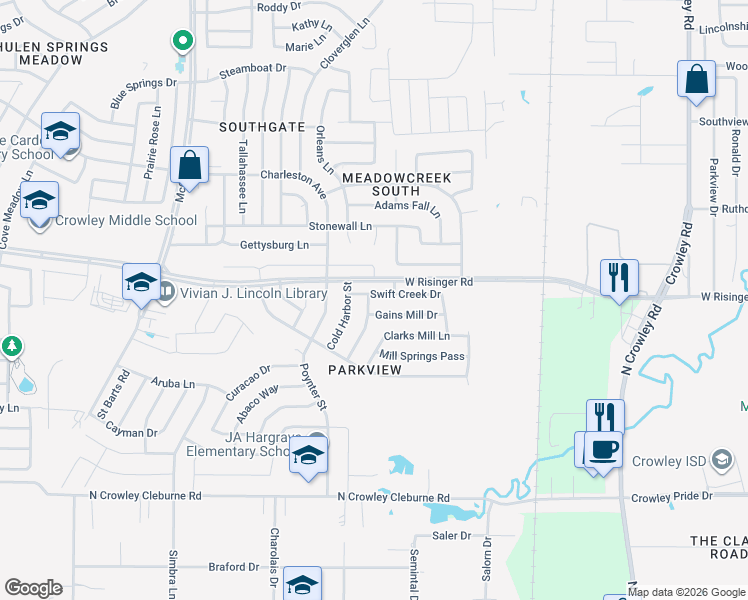 map of restaurants, bars, coffee shops, grocery stores, and more near 2717 Swift Creek Drive in Fort Worth