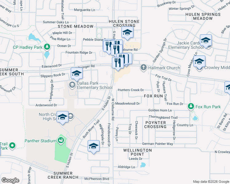 map of restaurants, bars, coffee shops, grocery stores, and more near 4328 Hunters Creek Drive in Fort Worth