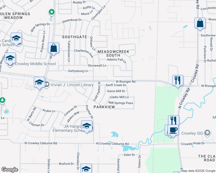 map of restaurants, bars, coffee shops, grocery stores, and more near 2717 Swift Creek Drive in Fort Worth