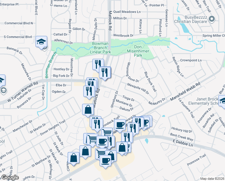map of restaurants, bars, coffee shops, grocery stores, and more near 8020 Shoshoni Drive in Arlington