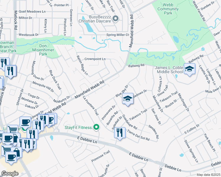 map of restaurants, bars, coffee shops, grocery stores, and more near 650 Spanish Oak Court in Arlington