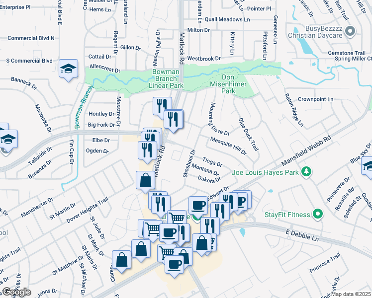 map of restaurants, bars, coffee shops, grocery stores, and more near 8020 Shoshoni Drive in Arlington