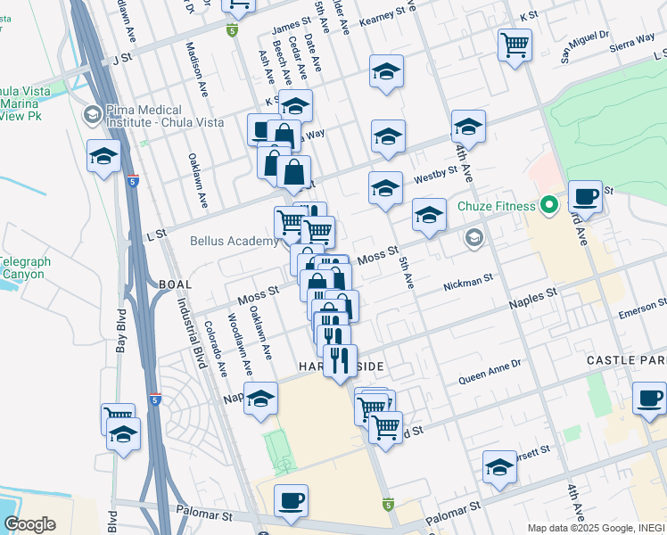 map of restaurants, bars, coffee shops, grocery stores, and more near 568 Moss Street in Chula Vista