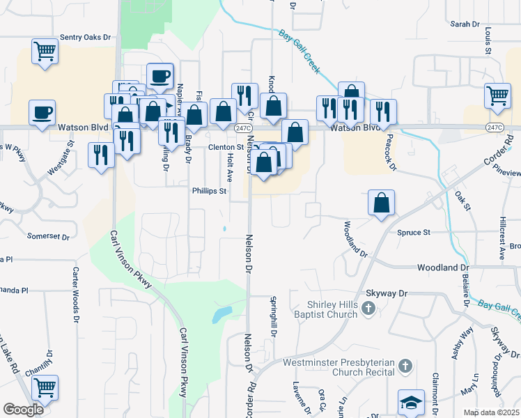 map of restaurants, bars, coffee shops, grocery stores, and more near 214 Nelson Drive in Warner Robins