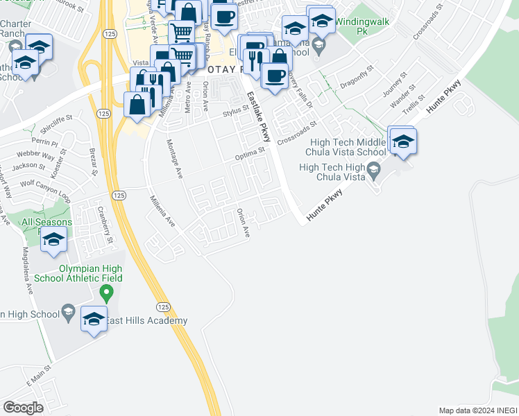 map of restaurants, bars, coffee shops, grocery stores, and more near 1842 Observation Way in Chula Vista
