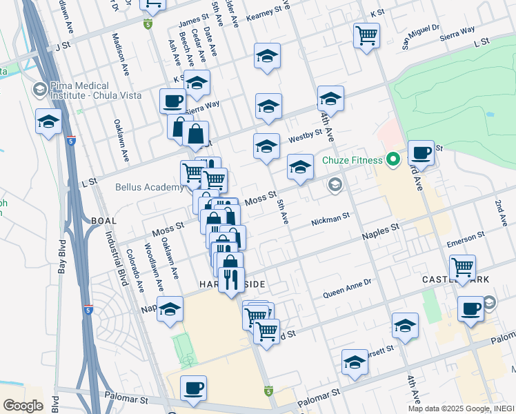 map of restaurants, bars, coffee shops, grocery stores, and more near 521 Moss Street in Chula Vista