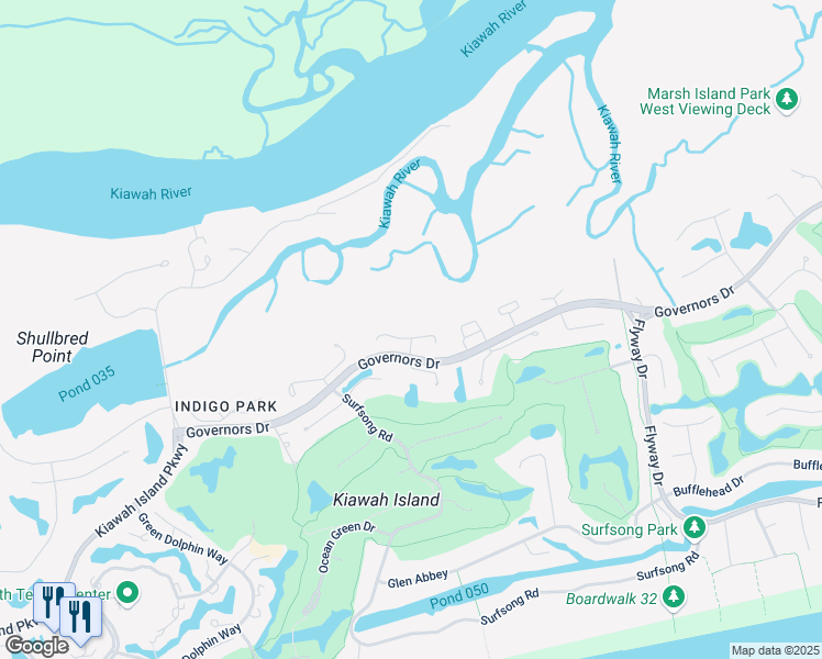 map of restaurants, bars, coffee shops, grocery stores, and more near 43 Burroughs Hall in Kiawah Island