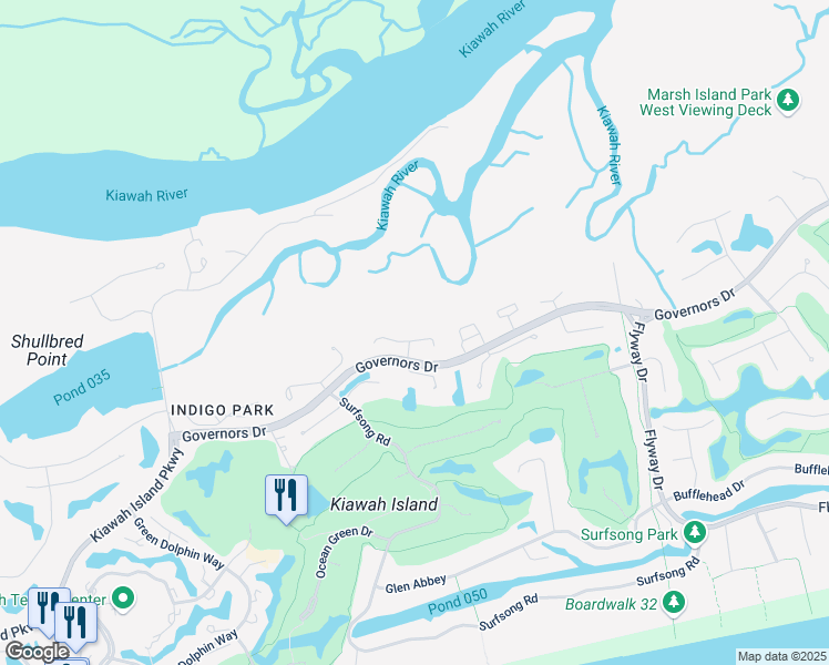 map of restaurants, bars, coffee shops, grocery stores, and more near 43 Burroughs Hall in Kiawah Island