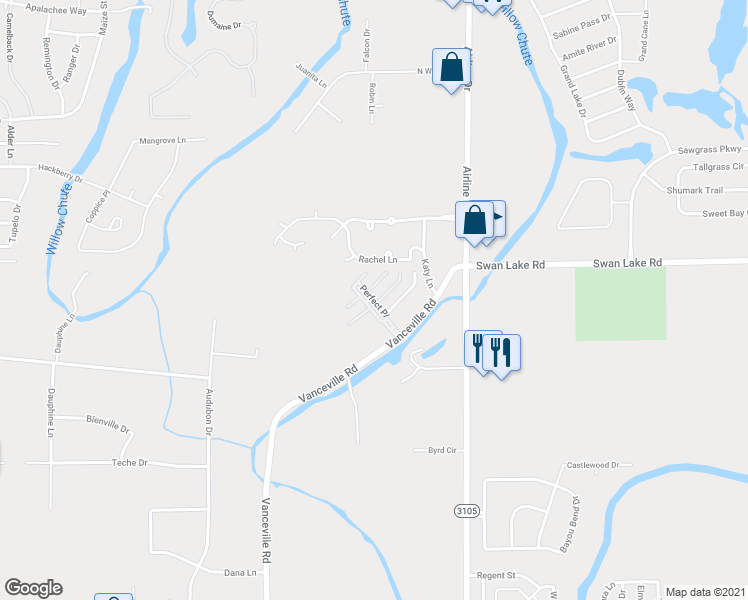 map of restaurants, bars, coffee shops, grocery stores, and more near 411 Perfect Place in Bossier City