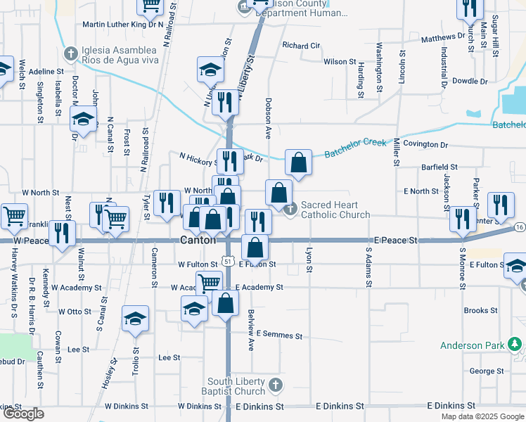 map of restaurants, bars, coffee shops, grocery stores, and more near 179 E Center St in Canton
