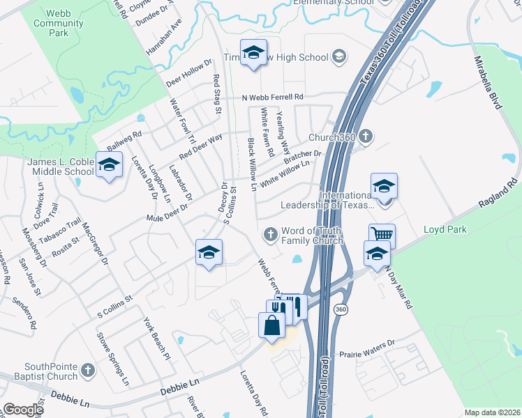 map of restaurants, bars, coffee shops, grocery stores, and more near 7814 Black Willow Lane in Arlington