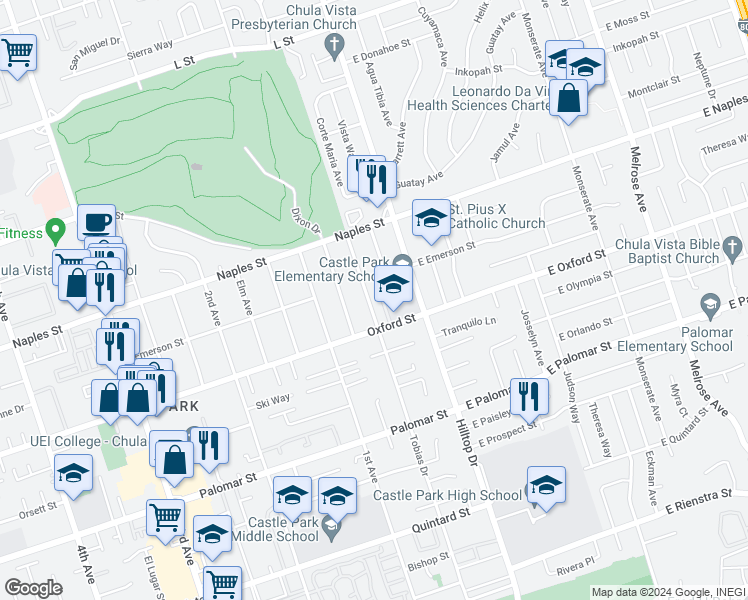 map of restaurants, bars, coffee shops, grocery stores, and more near 1175 Tobias Drive in Chula Vista