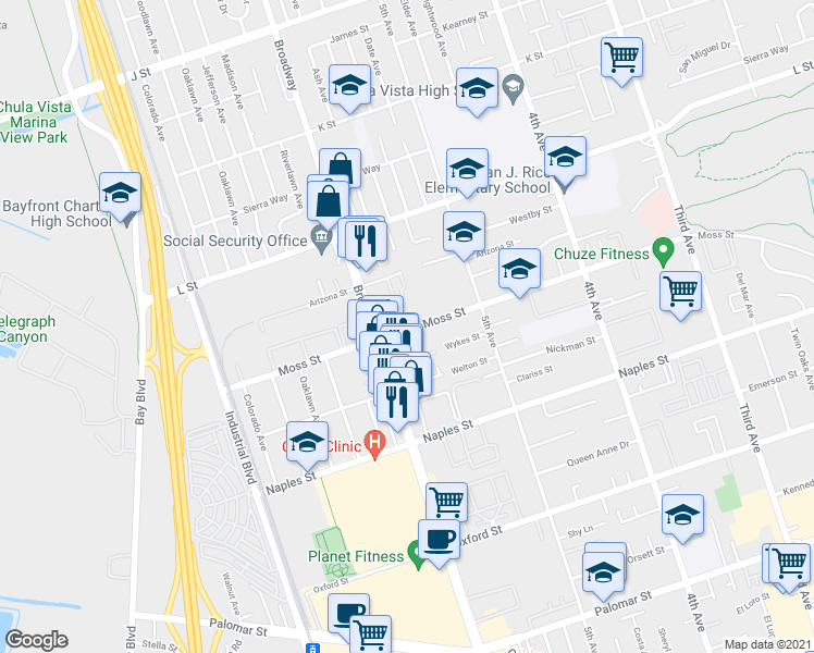 map of restaurants, bars, coffee shops, grocery stores, and more near 556 Moss Street in Chula Vista