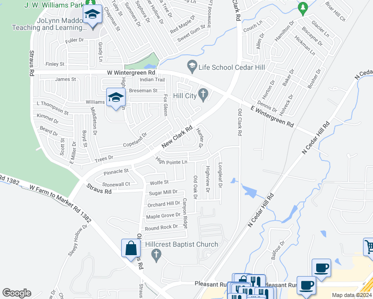 map of restaurants, bars, coffee shops, grocery stores, and more near 150 Hunter Drive in Cedar Hill