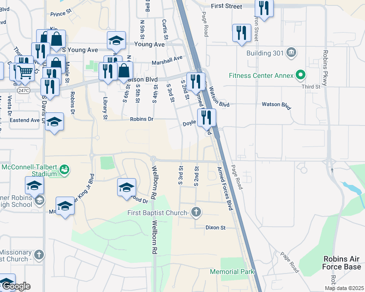 map of restaurants, bars, coffee shops, grocery stores, and more near 408 South 3rd Street in Warner Robins