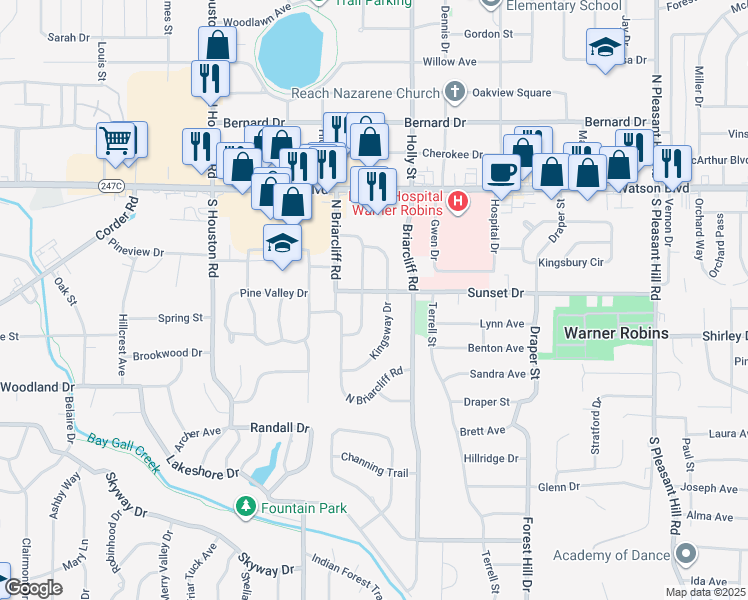 map of restaurants, bars, coffee shops, grocery stores, and more near 306 Sunset Drive in Warner Robins