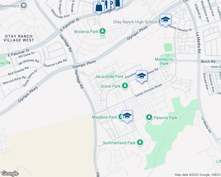 map of restaurants, bars, coffee shops, grocery stores, and more near 1272 Pershing Road in Chula Vista