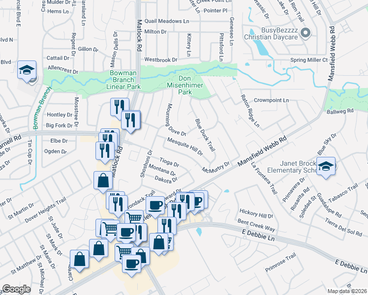 map of restaurants, bars, coffee shops, grocery stores, and more near 327 Mesquite Hill Drive in Arlington