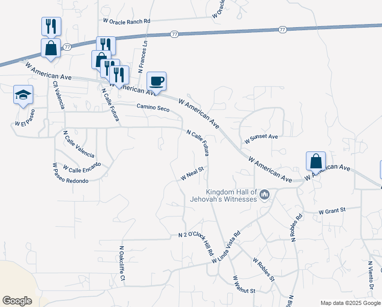 map of restaurants, bars, coffee shops, grocery stores, and more near 1256 West Neal Street in Oracle