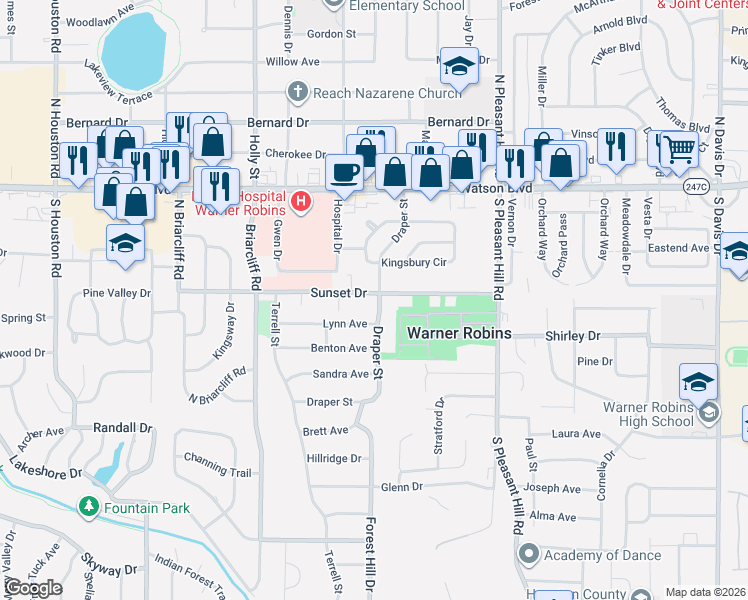 map of restaurants, bars, coffee shops, grocery stores, and more near 202 Sunset Drive in Warner Robins