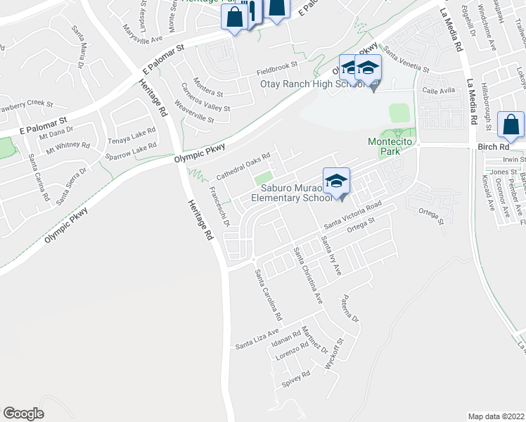 map of restaurants, bars, coffee shops, grocery stores, and more near 1272 Pershing Road in Chula Vista