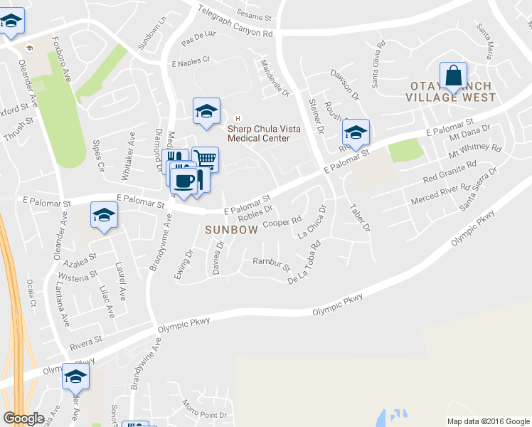 map of restaurants, bars, coffee shops, grocery stores, and more near 1408 Perkins Drive in Chula Vista