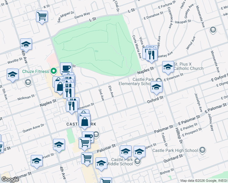 map of restaurants, bars, coffee shops, grocery stores, and more near 1125 Elm Avenue in Chula Vista