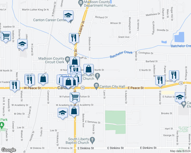 map of restaurants, bars, coffee shops, grocery stores, and more near 221 East Center Street in Canton