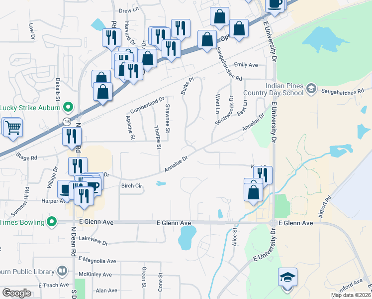 map of restaurants, bars, coffee shops, grocery stores, and more near 611 Burke Place in Auburn
