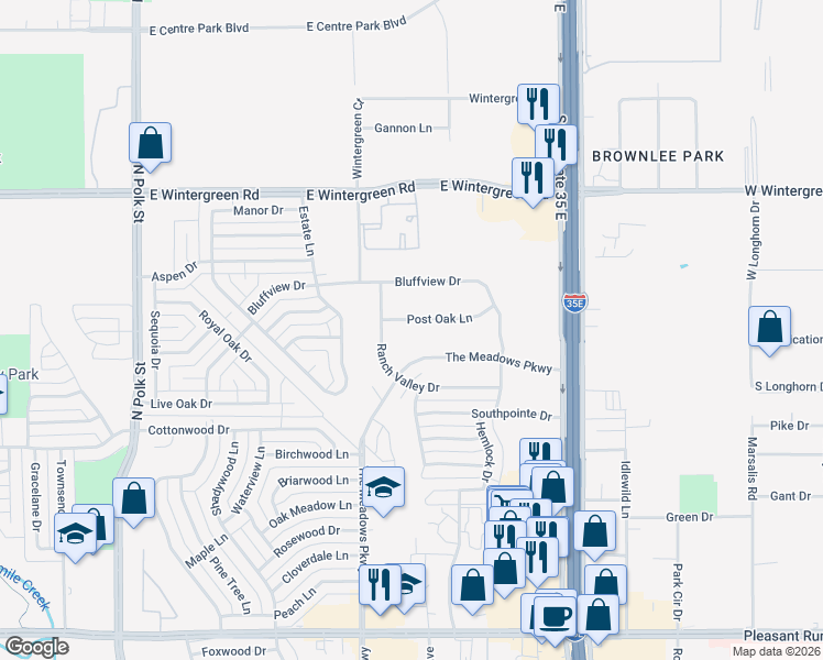 map of restaurants, bars, coffee shops, grocery stores, and more near 1112 Post Oak Lane in DeSoto