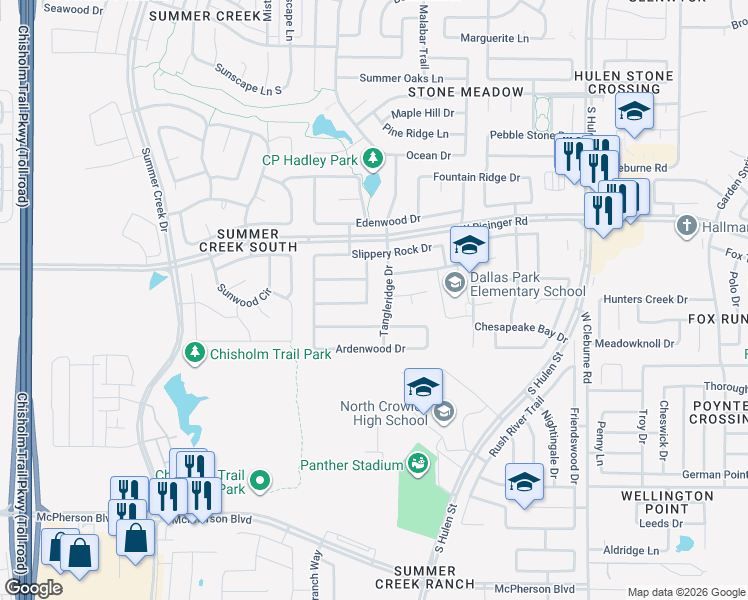 map of restaurants, bars, coffee shops, grocery stores, and more near 8629 Deepwood Lane in Fort Worth