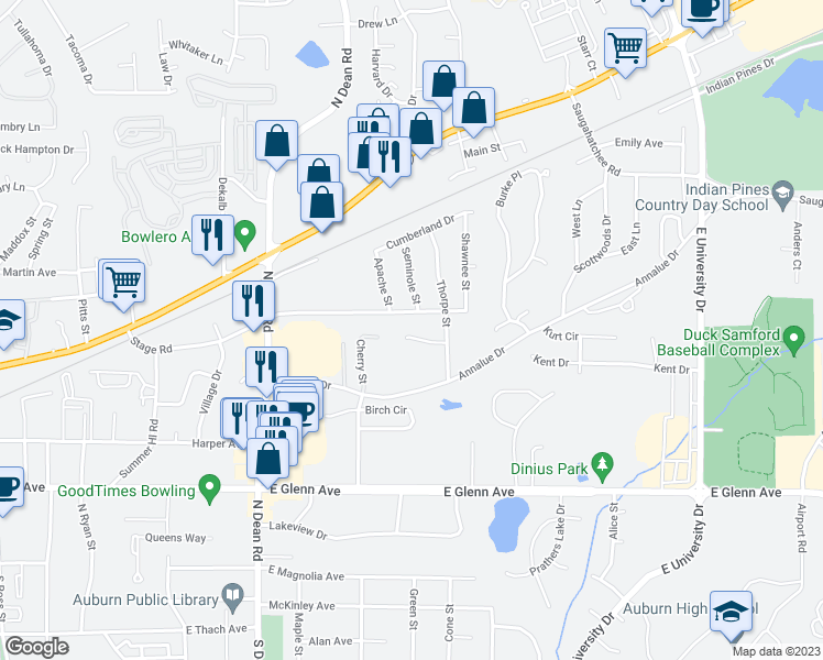 map of restaurants, bars, coffee shops, grocery stores, and more near 1029 Crestwood Drive in Auburn