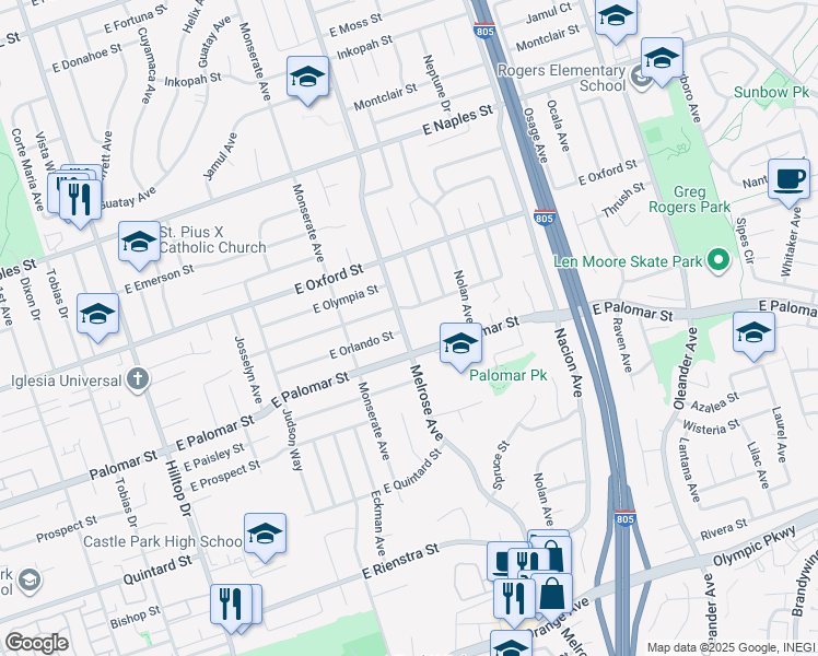 map of restaurants, bars, coffee shops, grocery stores, and more near 1267 Melrose Avenue in Chula Vista