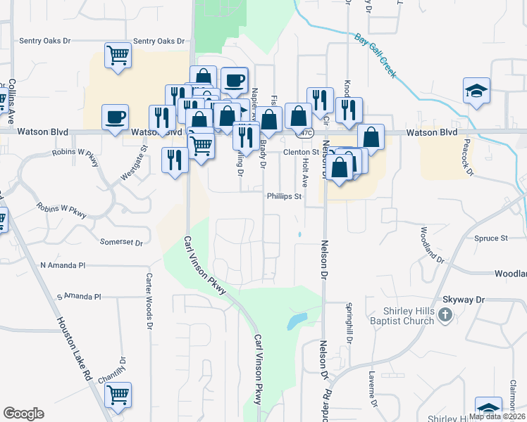 map of restaurants, bars, coffee shops, grocery stores, and more near 197 Woodland Trail in Warner Robins