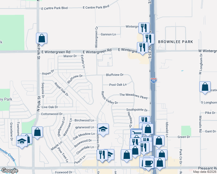 map of restaurants, bars, coffee shops, grocery stores, and more near 1112 Post Oak Lane in DeSoto