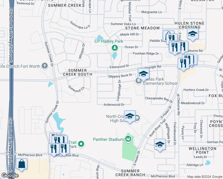 map of restaurants, bars, coffee shops, grocery stores, and more near 8700 Deepwood Lane in Fort Worth