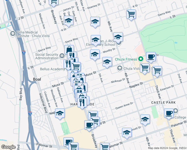 map of restaurants, bars, coffee shops, grocery stores, and more near 521 Moss Street in Chula Vista