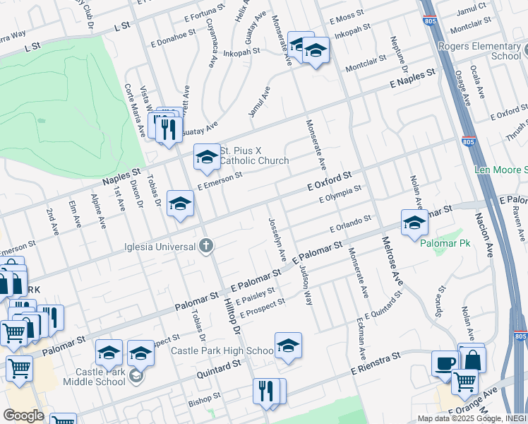 map of restaurants, bars, coffee shops, grocery stores, and more near 72 East Oxford Street in Chula Vista