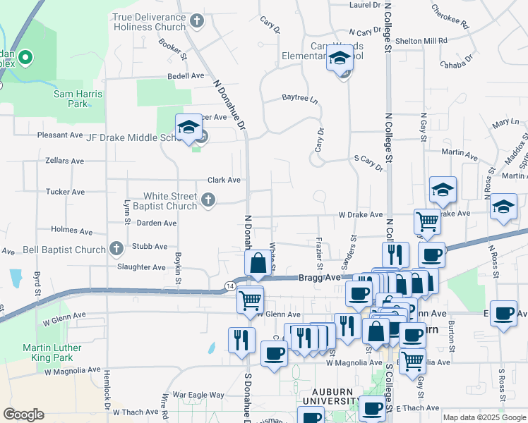map of restaurants, bars, coffee shops, grocery stores, and more near 474 West Drake Avenue in Auburn