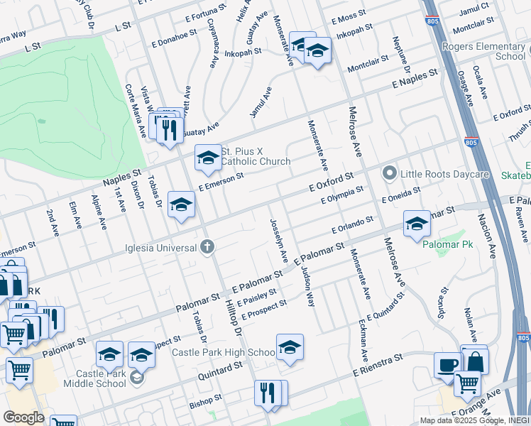 map of restaurants, bars, coffee shops, grocery stores, and more near 72 East Oxford Street in Chula Vista